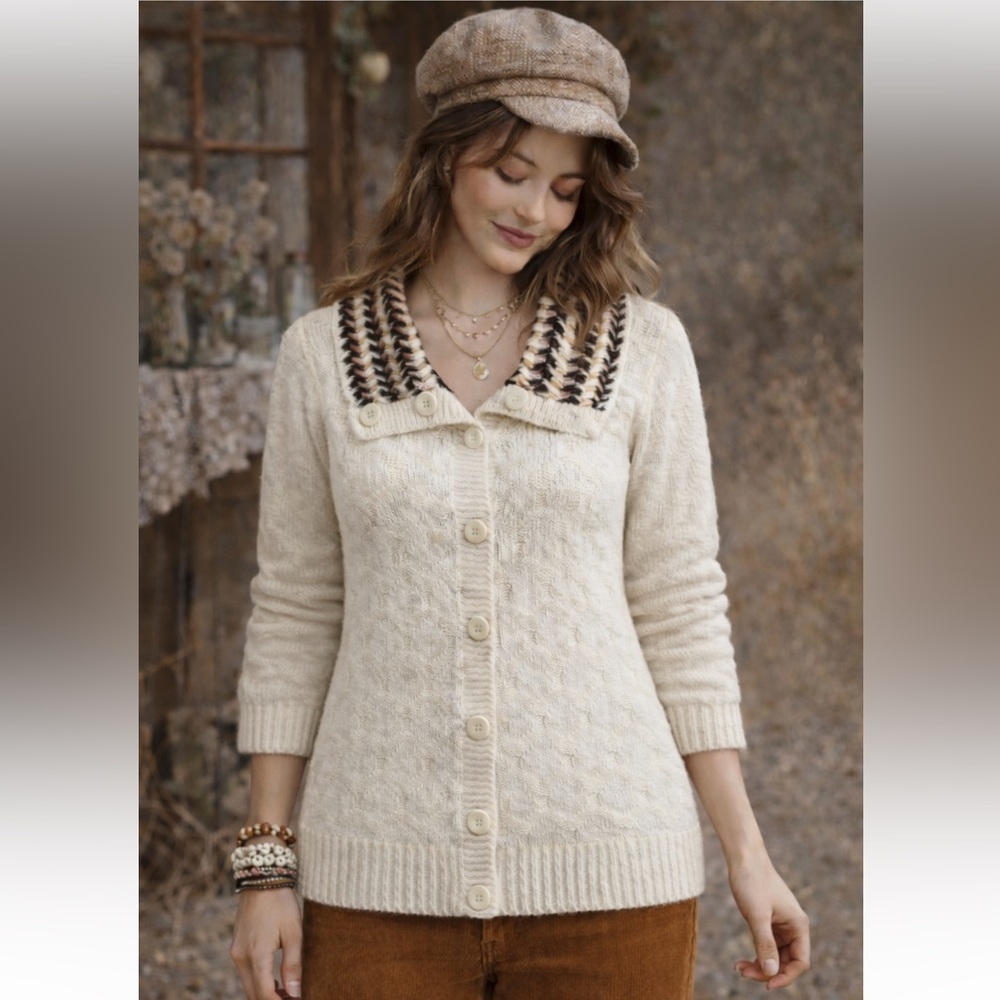 Vtg Garland Cable Knit‎ Cardigan Crocheted Collar Cottagecore Grannycore Sz S